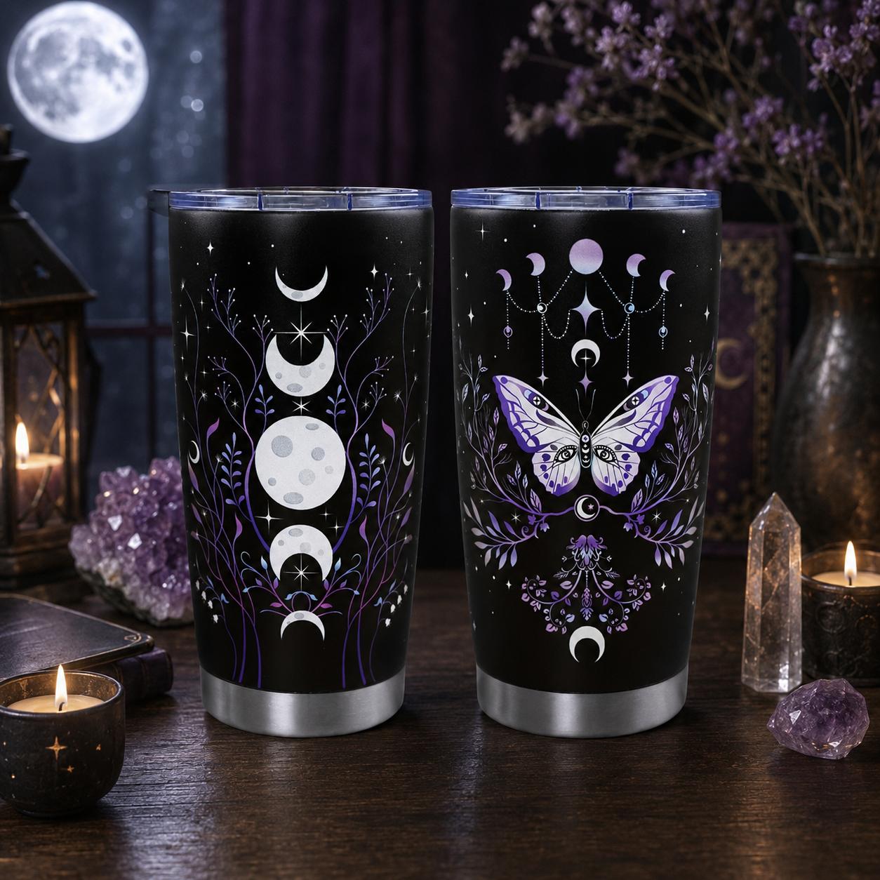 Gothic Butterfly 20oz Stainless Steel Insulated Tumbler with Lid, Purple Moon Phase Celestial Printed Travel Coffee Mug, Halloween Gift for Women Goth Lovers