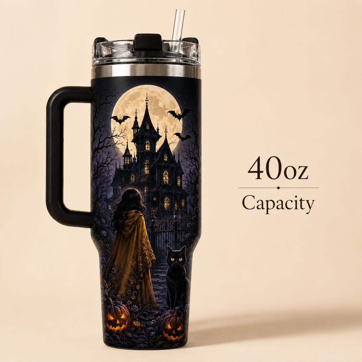 Haunted House Halloween 40oz Stainless Steel Insulated Tumbler with Handle and Straw, Black Cat Pumpkin Moon Bat Printed Travel Cup, Spooky Gift for Women