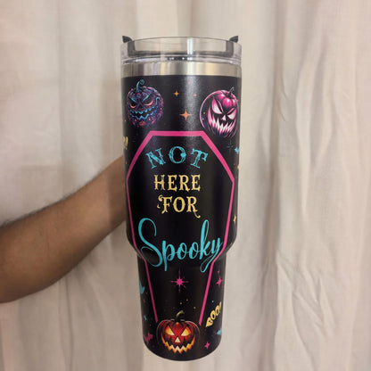 40oz Stainless Steel Insulated Halloween Pumpkin Tumbler with Handle, Straw, Lid, Aesthetic Spooky Bat Witch Hat Prints - Coffee Flask with Strong Insulation, Halloween Gift for Women