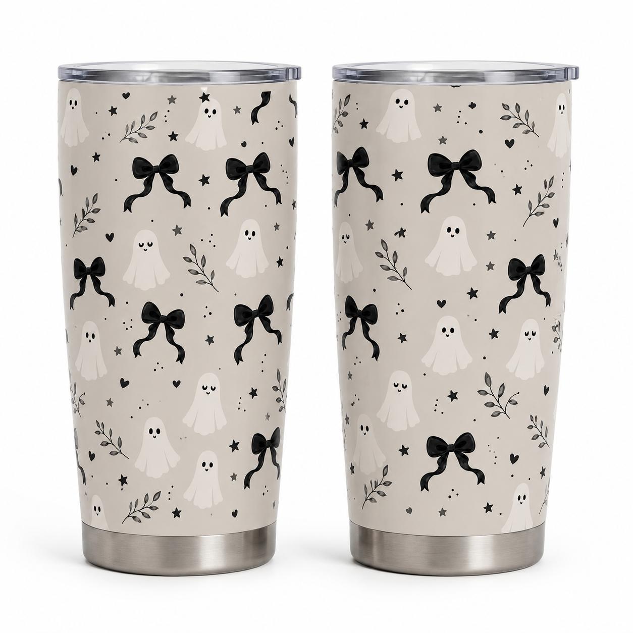 Stylish Aesthetic Polka Dot 20oz Stainless Steel Insulated Flask Tumbler with Lid, Black Bow Halloween Travel Coffee Mug, Leakproof Hot-Cold Drinkware Gift for Women, Flasks