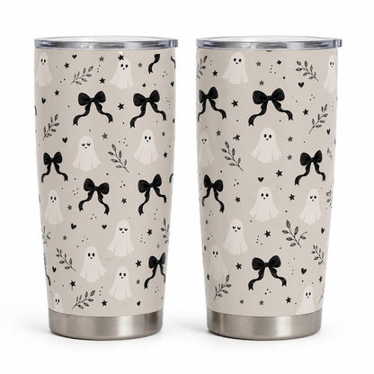 Stylish Aesthetic Polka Dot 20oz Stainless Steel Insulated Flask Tumbler with Lid, Black Bow Halloween Travel Coffee Mug, Leakproof Hot-Cold Drinkware Gift for Women, Flasks