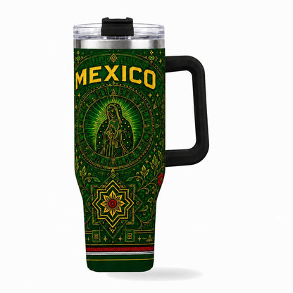 Mexico 40oz Stainless Steel Tumbler with Handle, Green Mexican Religious Art Insulated Travel Mug with Lid and Straw, Virgen Style Cultural Gift Cup for Cold Drinks