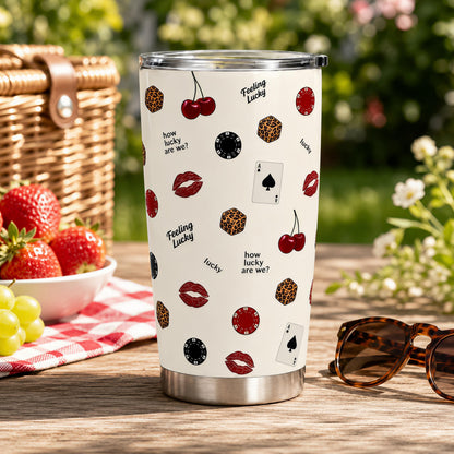Lucky Girl Casino Insulated Stainless Steel Flask - 40oz/20oz Stylish Coffee Mug with Handle, Straw, Leak-Proof Retro Dice, Playing Card, Red Lips Prints, Trendy Gift for Her, Flasks, Modern