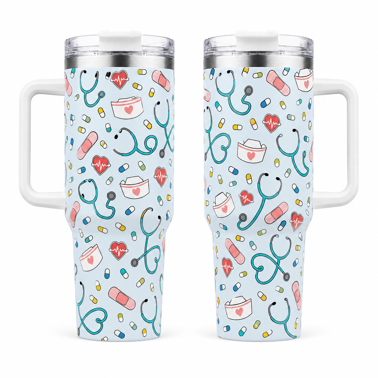 40oz Stainless Steel Insulated Nurse Tumbler with Handle, Straw, Lid, Reusable Vacuum Flask for Coffee, Stethoscope-Bandage-Pill-Heartbeat Print Travel Cup, Nurse Gift, Flasks