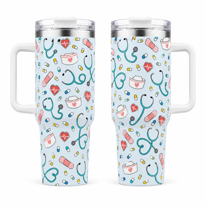 40oz Stainless Steel Insulated Nurse Tumbler with Handle, Straw, Lid, Reusable Vacuum Flask for Coffee, Stethoscope-Bandage-Pill-Heartbeat Print Travel Cup, Nurse Gift, Flasks