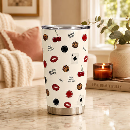 Lucky Girl Casino Insulated Stainless Steel Flask - 40oz/20oz Stylish Coffee Mug with Handle, Straw, Leak-Proof Retro Dice, Playing Card, Red Lips Prints, Trendy Gift for Her, Flasks, Modern