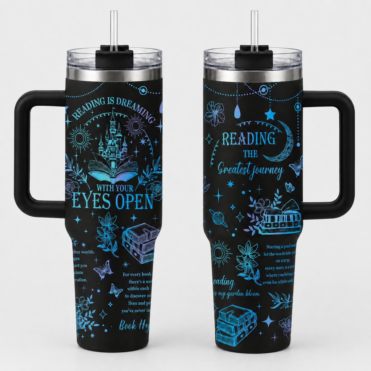 Reading Is Dreaming 40oz Stainless Steel Insulated Tumbler with Handle and Straw, Book Lover Castle Moon Star Printed Travel Cup, Gift for Readers