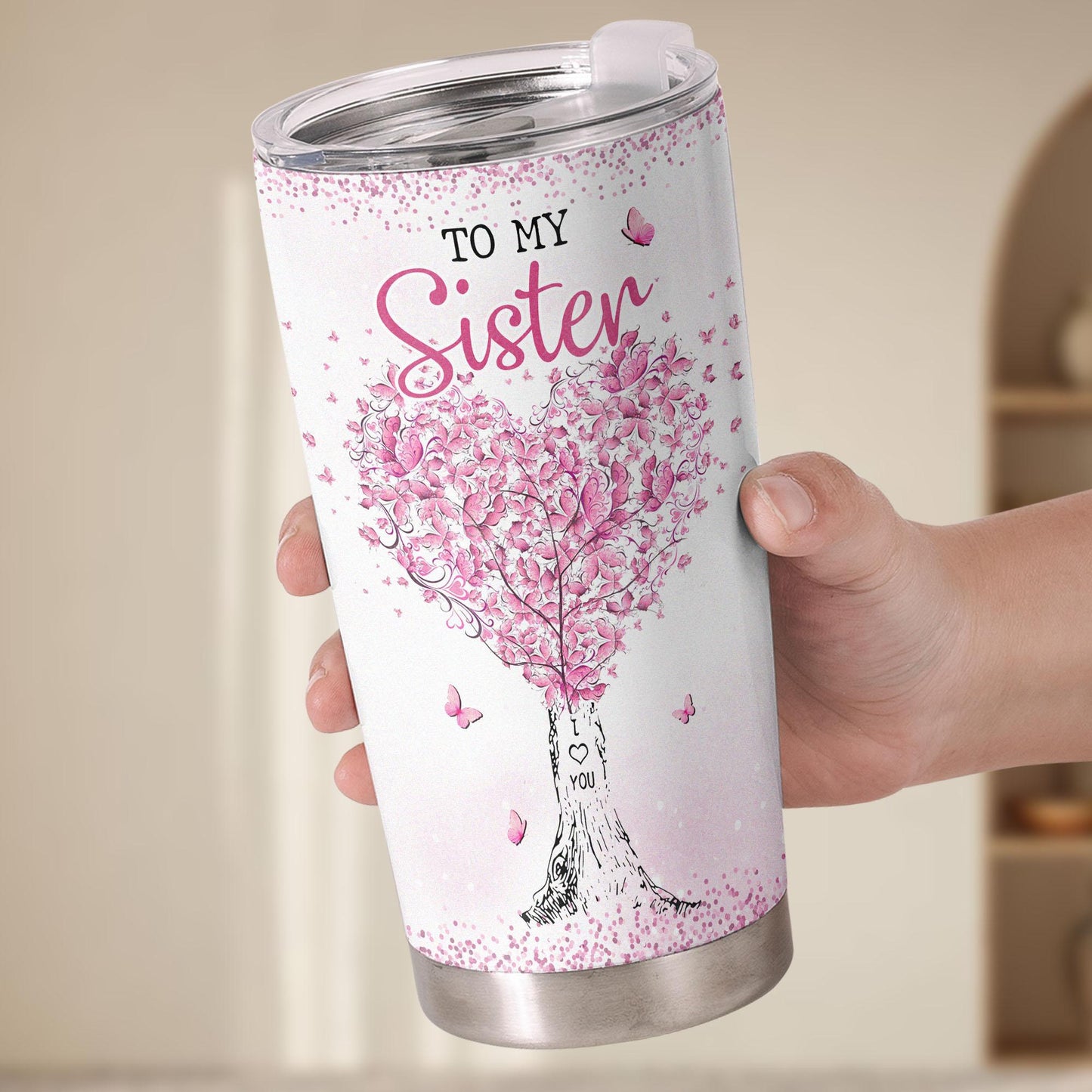 20oz Insulated Leakproof Portable Flask - Gift for My Sister, Heart Tree & Pink Butterflies Design Coffee Cup with Sentimental Quote for Birthday, Christmas