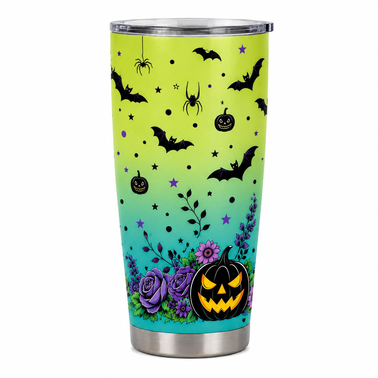 Stylish 20oz Stainless Steel Insulated Flask - Portable Halloween Pumpkin Bat Water Bottle with Lid, Spooky Floral Leakproof Hot-Cold Drinkware Gift for Women, Flasks