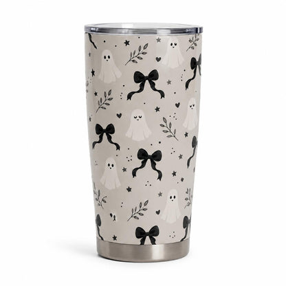 Stylish Aesthetic Polka Dot 20oz Stainless Steel Insulated Flask Tumbler with Lid, Black Bow Halloween Travel Coffee Mug, Leakproof Hot-Cold Drinkware Gift for Women, Flasks