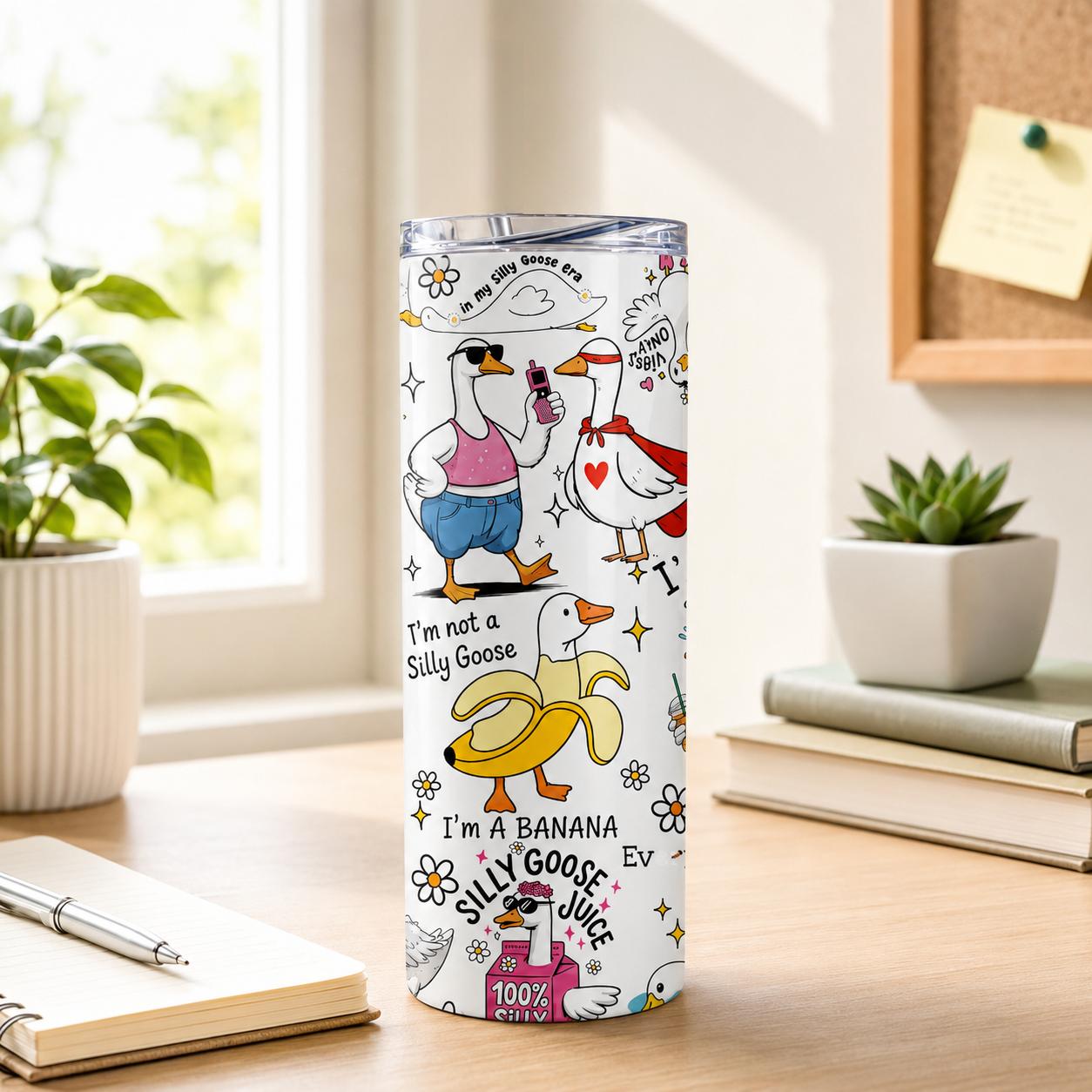 Funny Silly Goose 20oz Skinny Tumbler with Straw, Stainless Steel Insulated Travel Cup, Cute Goose Humor Drinkware Gift for Women Friends Coworkers