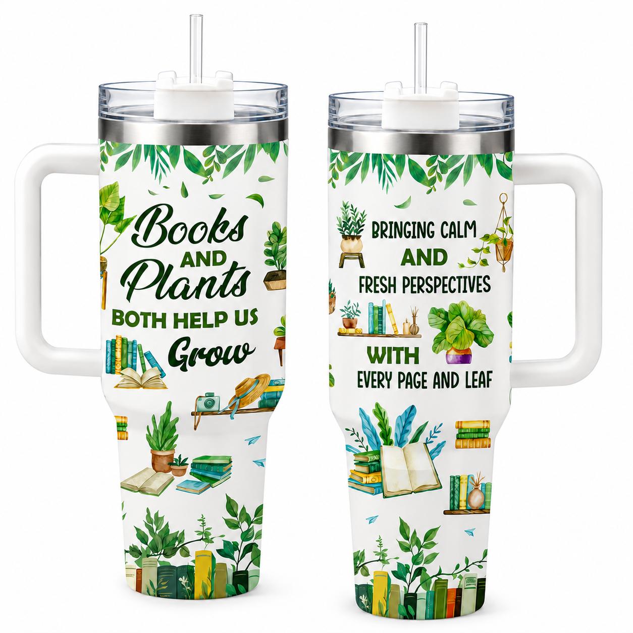 Books and Plants 40oz Stainless Steel Insulated Tumbler with Handle and Straw, Book Lover Plant Lover Green Leaf Printed Travel Cup, Gift for Readers