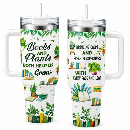 Books and Plants 40oz Stainless Steel Insulated Tumbler with Handle and Straw, Book Lover Plant Lover Green Leaf Printed Travel Cup, Gift for Readers