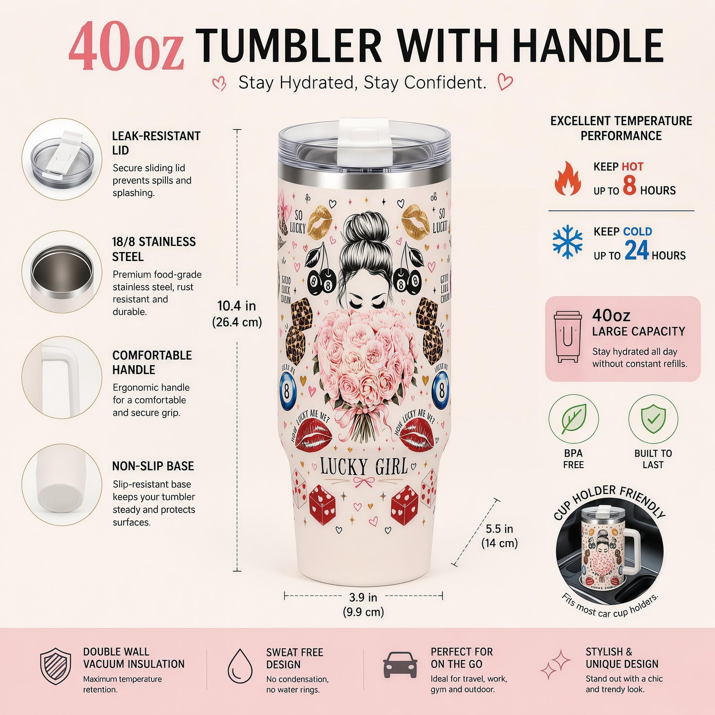 Aesthetic 40oz Stainless Steel Insulated Vacuum Flask - Lucky Girl Portable Coffee Bottle with Handle, Straw, Leopard Lips, Dice, 8-Ball, Cherry 2D Prints, Gift for Women, Flasks