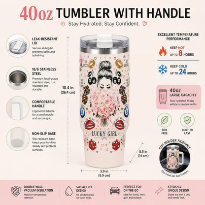 Aesthetic 40oz Stainless Steel Insulated Vacuum Flask - Lucky Girl Portable Coffee Bottle with Handle, Straw, Leopard Lips, Dice, 8-Ball, Cherry 2D Prints, Gift for Women, Flasks