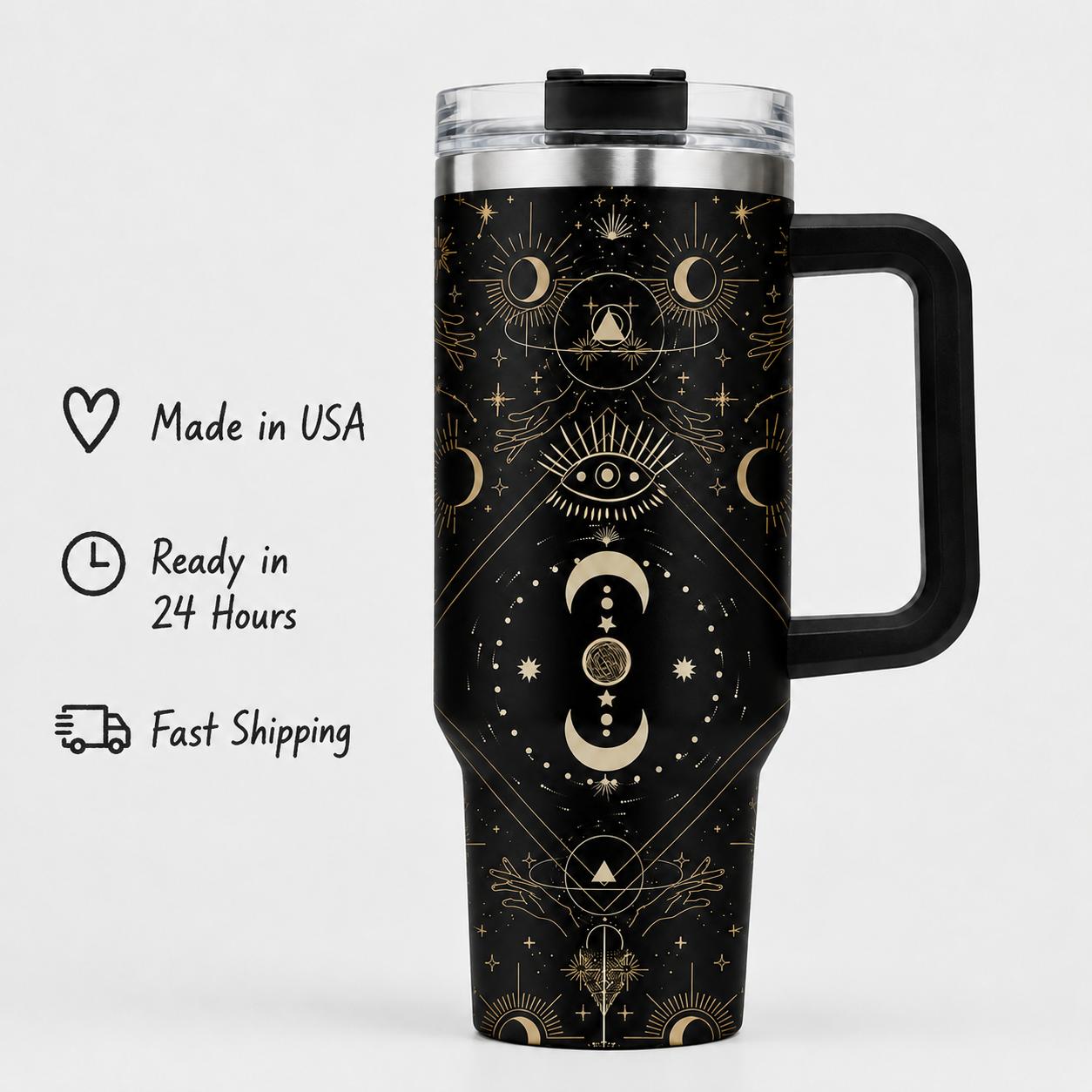 Witchy Moon 40oz Stainless Steel Insulated Tumbler with Handle and Straw, Celestial Sun Star Eye 2D Printed Travel Cup, Gift for Moon Lovers