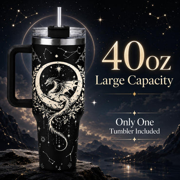 Fantasy Dragon 40oz Stainless Steel Insulated Tumbler with Handle and Straw, Black White Moon Star Celestial 2D Printed Travel Cup,Fantasy Gift for Women and Men