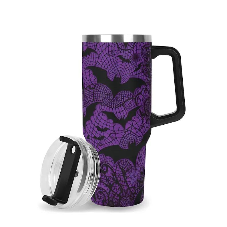 40oz Double-Wall Stainless Steel Insulated Reusable Flask - Aesthetic Dark Purple Lace Bat Gothic Halloween 2D Print Travel Coffee Cup with Handle, Straw, Lid, Women's Gift