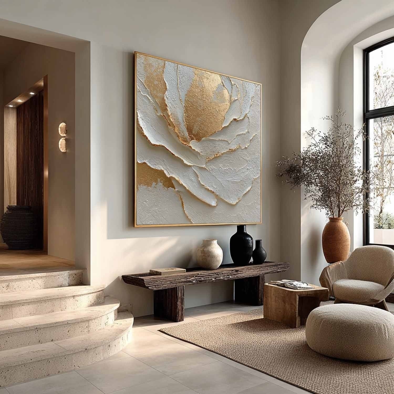 Textured Cream & Gold Abstract Flower Painting CZ0030 - Viral Wall Art