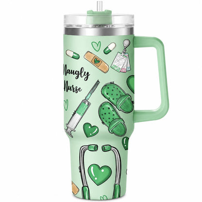 Hospital Shift 40oz Insulated Water Tumbler with Handle and Straw, Proverbs 31:13 Christian Nurse Stainless Steel Travel Cup, Cup Holder Friendly All-Day Hydration Cup for Work and Commute