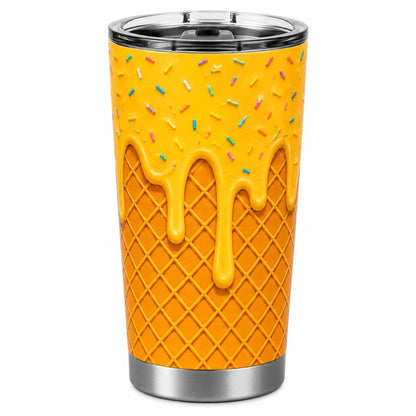 20oz Stainless Steel Insulated Ice Cream Cone 2D Printed Flask with Lid, Stylish Portable Cute Blue Frosting Sprinkle Leakproof Travel Mug, Hot-Cold Drinkware Gift for Women, Flasks