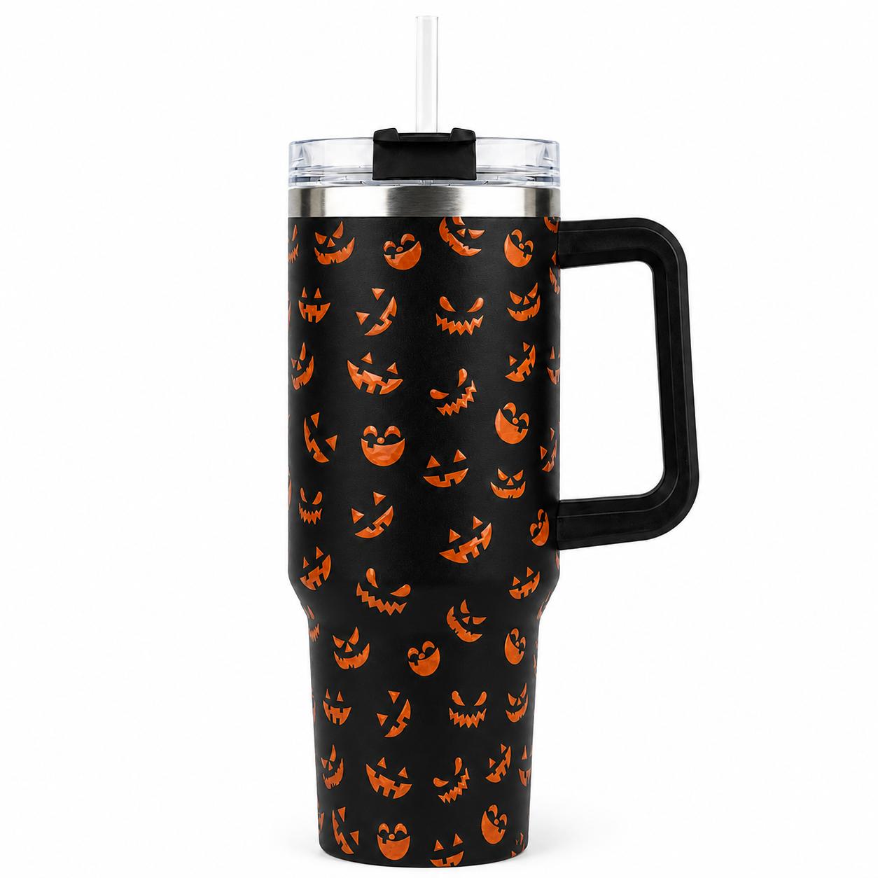 Halloween Pumpkin Face 40oz Stainless Steel Insulated Tumbler with Handle and Straw, Black Orange Jack O Lantern Printed Travel Cup, Spooky Gift