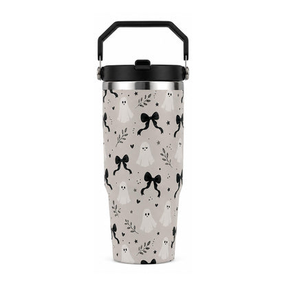 Women's 30oz Cylindrical Halloween Stainless Steel Insulated Flask - Handle, Lid, Straw, Cute Ghost & Black Bow Print, Single Unit Travel Insulated Mug, Fall Spooky Season Gift, Flasks, Cylindrical Tumbler