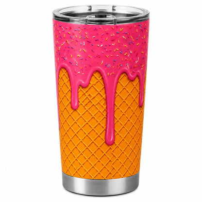 20oz Stainless Steel Insulated Ice Cream Cone 2D Printed Flask with Lid, Stylish Portable Cute Blue Frosting Sprinkle Leakproof Travel Mug, Hot-Cold Drinkware Gift for Women, Flasks