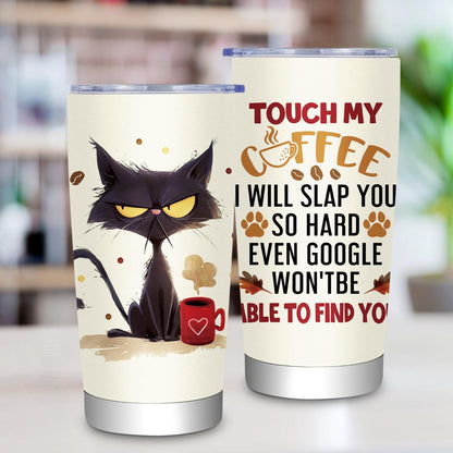 20oz Printed Vacuum Insulated Stainless Steel Flask - Portable Cat Lover Gift with Lid, "Touch My Coffee I Will Slap You" Sarcastic Quote, Ink-Designed Office Birthday Gag Drinkware for Women, Flasks