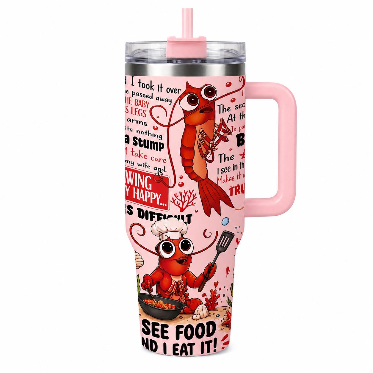 Summer BBQ and Crawfish Boil 40oz Insulated Water Tumbler with Handle, Funny Seafood Diet Stainless Steel Travel Cup, Cup Holder Friendly All-Day Hydration Cup for Beach and Road Trips