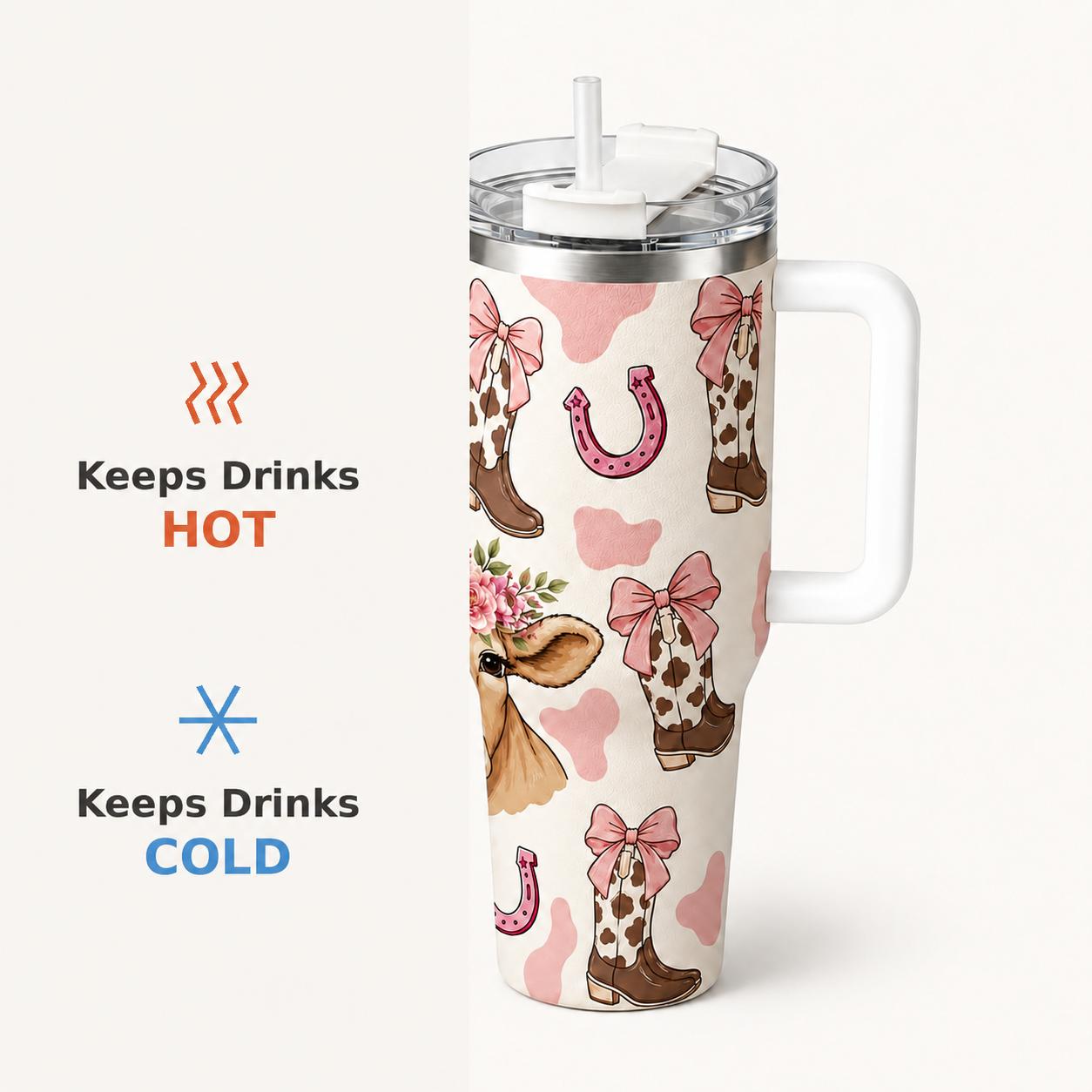 40oz Western Cowboy Insulated Tumbler, Bow & Boot Print, Double Wall Vacuum Flasks, Insulated Drinkware, Leak-Proof, 12h Hot, 24h Cold, Fashion Gift for Women