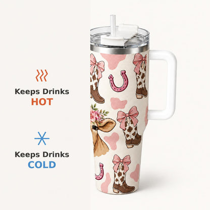 40oz Western Cowboy Insulated Tumbler, Bow & Boot Print, Double Wall Vacuum Flasks, Insulated Drinkware, Leak-Proof, 12h Hot, 24h Cold, Fashion Gift for Women
