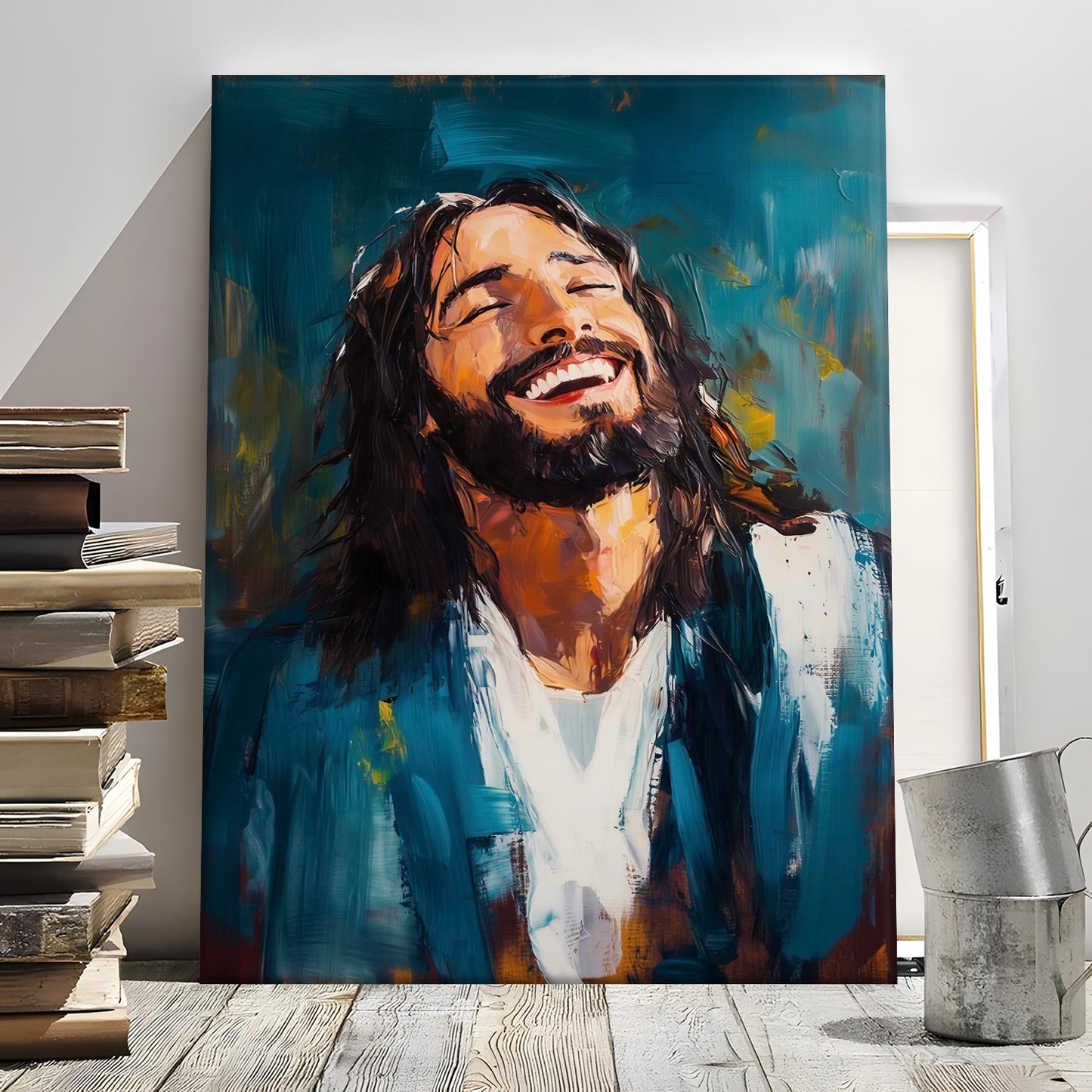 Smiling Jesus Canvas Wall Art - Joyful Laughing Christ Portrait - Heartwarming Christian Home Decor