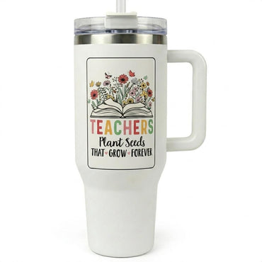 40oz Funny Teacher Nutrition Facts Vacuum Flask with Handle, Straw, Lid - Portable, Reusable, Double-Wall Insulation, "Plant Seeds That Grow Forever" Floral Cup, Best Teacher Appreciation Gift, Iced Coffee Desk Hydration Drinkware
