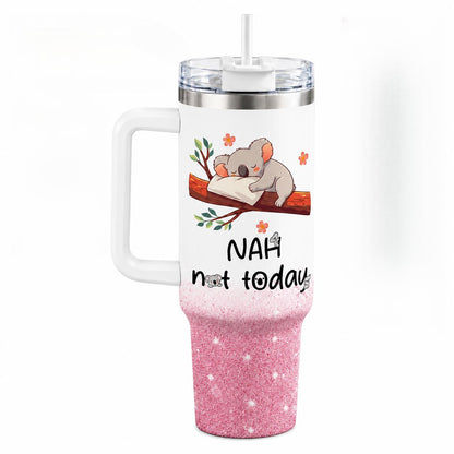 Funny Koala 40oz Stainless Steel Insulated Tumbler with Handle and Straw, Nah Not Today Cute Animal Pink Printed Travel Cup, Gift for Women