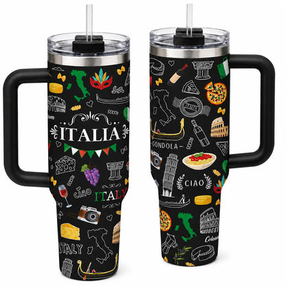 Italy Travel 40oz Stainless Steel Insulated Tumbler with Handle and Straw, Italian Food Colosseum Gondola Pizza Pasta Printed Travel Cup, Gift for Italy Lovers