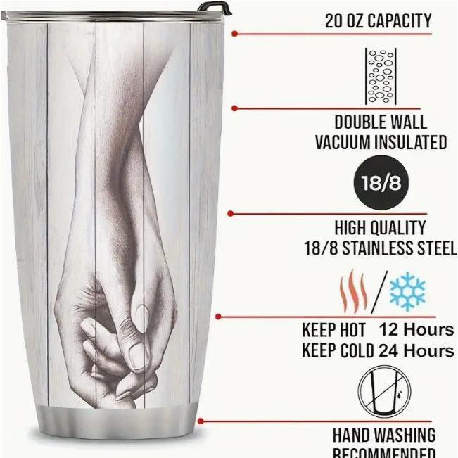 20oz Insulated Stainless Steel Flask Mug with Lid - Romantic Couple Gift, "We're a Team" Holding Hands Sketch for Husband-Wife, Coffee Drinkware, Flasks