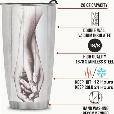 20oz Insulated Stainless Steel Flask Mug with Lid - Romantic Couple Gift, "We're a Team" Holding Hands Sketch for Husband-Wife, Coffee Drinkware, Flasks