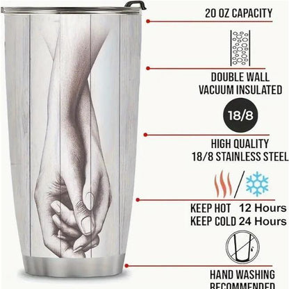 20oz Insulated Stainless Steel Flask Mug with Lid - Romantic Couple Gift, "We're a Team" Holding Hands Sketch for Husband-Wife, Coffee Drinkware, Flasks