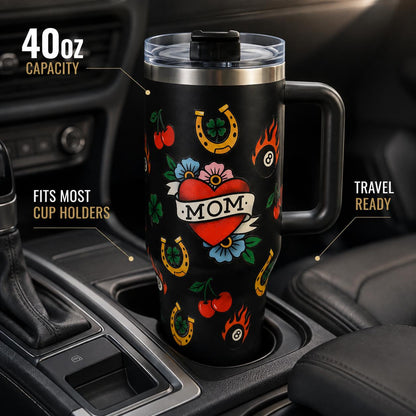 Aesthetic Mom Heart Tattoo 40oz Portable Reusable Coffee Flask With Handle - Vacuum Insulated, Keeps Hot 12 Hrs/Cold 24 Hrs - Unique Mother's Day Gift, Flasks, Insulation