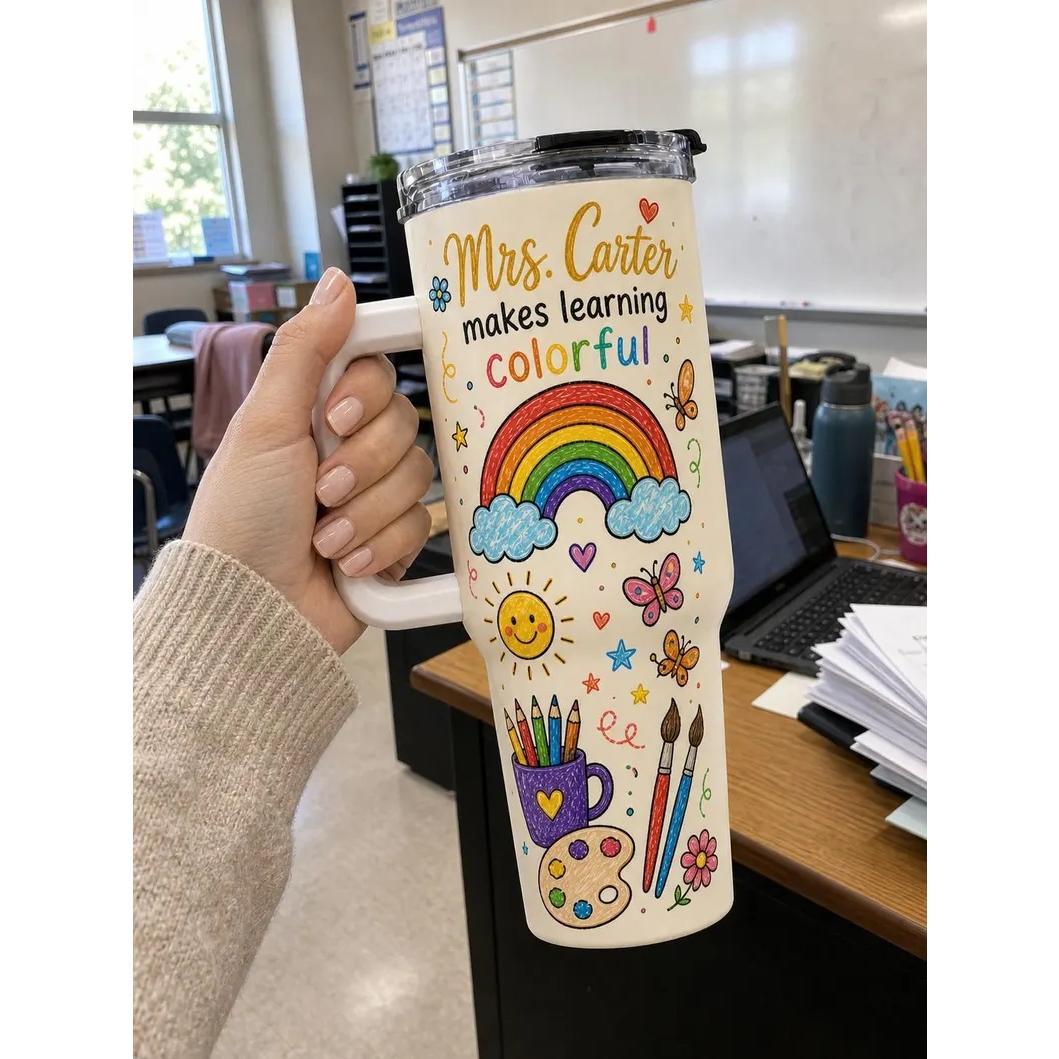 40oz Stainless Steel Insulated Flask with Handle, Straw, Lid and Rainbow Chalkboard Print - Aesthetic Coffee Drinkware, Teacher Appreciation Back to School Gift for Colorful Learning
