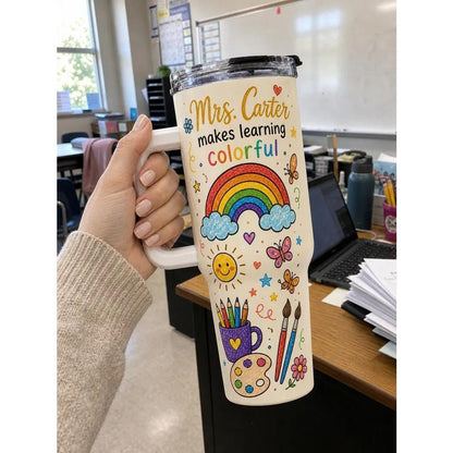 40oz Stainless Steel Insulated Flask with Handle, Straw, Lid and Rainbow Chalkboard Print - Aesthetic Coffee Drinkware, Teacher Appreciation Back to School Gift for Colorful Learning