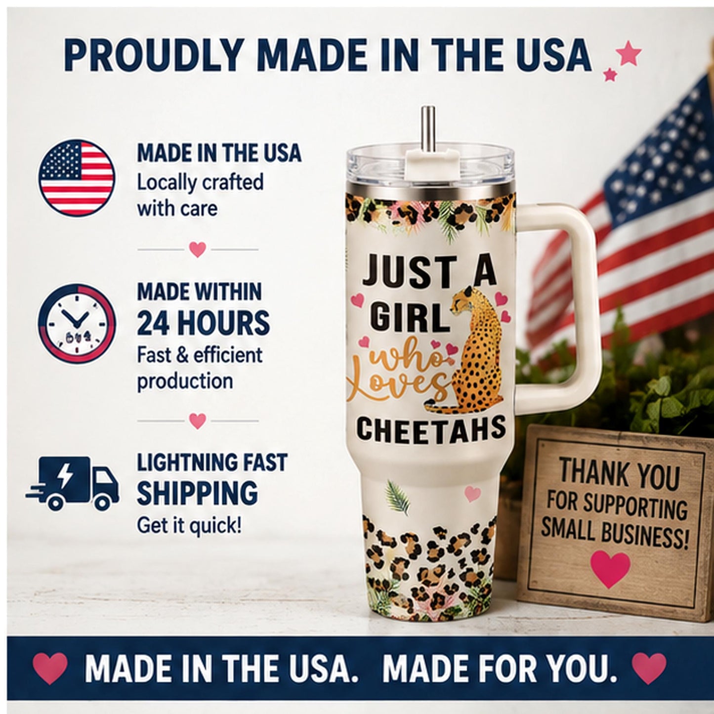 Cheetah Lover 40oz Stainless Steel Insulated Tumbler with Handle and Straw, Leopard Print Heart Tropical Leaf Printed Travel Cup, Gift for Women