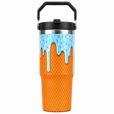 30oz Stainless Steel Insulated Ice Cream Cone Tumbler with Handle and Lid, Colorful Dripping Frosting-Sprinkle Print Flasks, Cute Summer Kitchenware Drinkware Gift for Travel Coffee Use, Straw