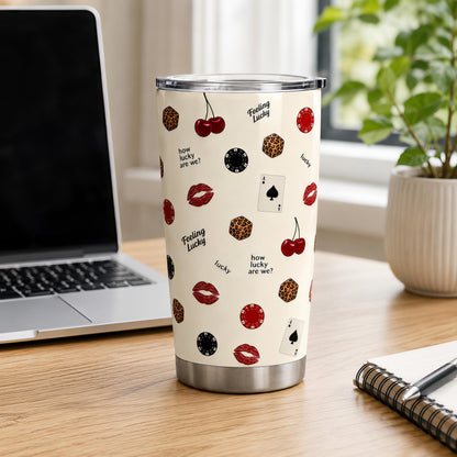 Lucky Girl Casino Insulated Stainless Steel Flask - 40oz/20oz Stylish Coffee Mug with Handle, Straw, Leak-Proof Retro Dice, Playing Card, Red Lips Prints, Trendy Gift for Her, Flasks, Modern