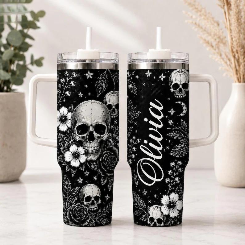 Women's Gothic Floral Skull 40oz Stainless Steel Insulated Flask - Aesthetic Coffee Bottle with Handle, Straw, Black-White Rose Moon Print, Halloween Gift