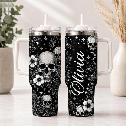 Women's Gothic Floral Skull 40oz Stainless Steel Insulated Flask - Aesthetic Coffee Bottle with Handle, Straw, Black-White Rose Moon Print, Halloween Gift