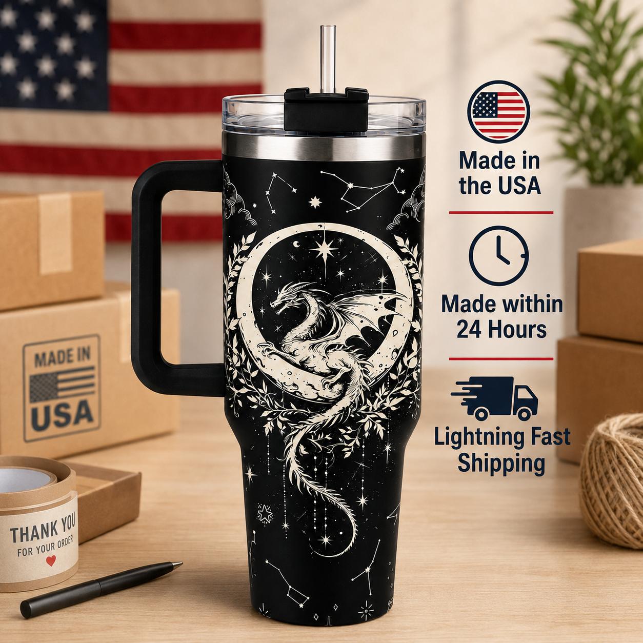Fantasy Dragon 40oz Stainless Steel Insulated Tumbler with Handle and Straw, Black White Moon Star Celestial 2D Printed Travel Cup,Fantasy Gift for Women and Men