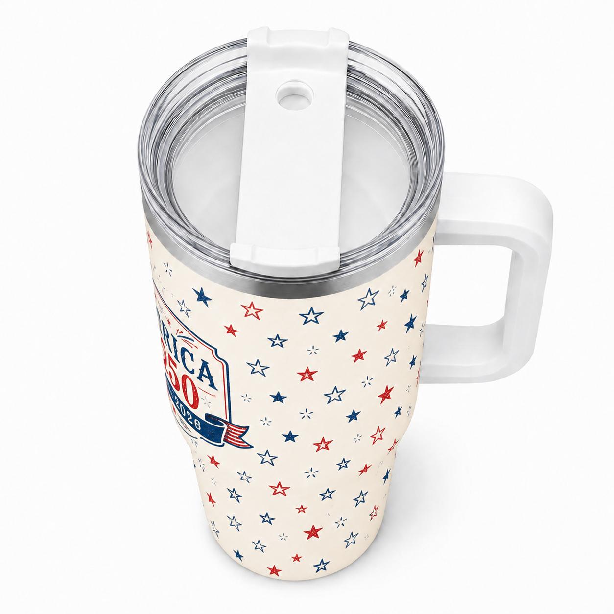 America 250 Retro 40 oz Insulated Stainless Steel Flask with Handle, Straw, Lid & Reusable Aesthetic Vintage 1776-2026 Patriotic Star Pattern Travel Mug, Car Cup Holder Friendly for 4th of July, Flasks, Insulation