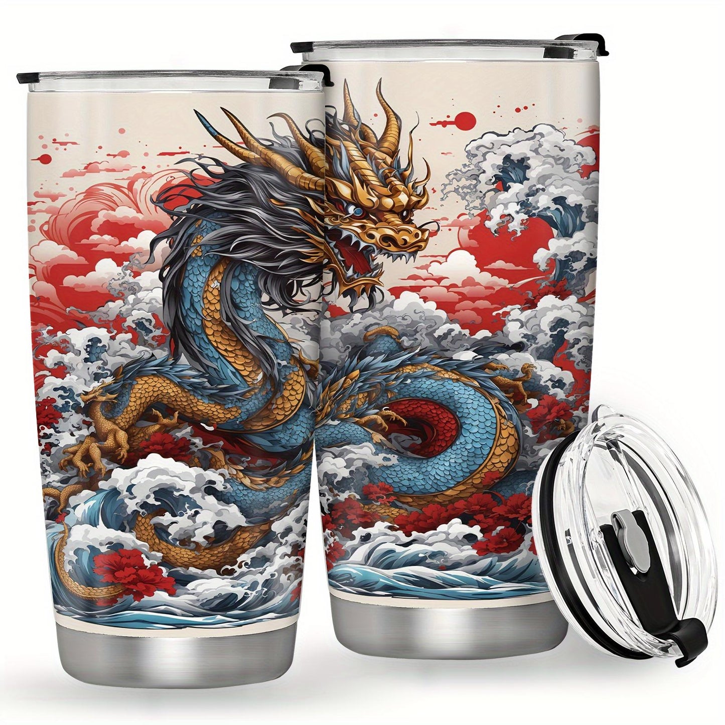 20oz Stainless Steel Vacuum Insulated Flask - Leak Proof, BPA Free, Portable Travel Coffee Mug for Climbing, Iced Tea Compatible, Machine Washable Fantasy Dragon Themed Cup for Holiday Gifts, Flasks